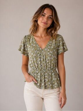 Lucky brand peplum Green Blue floral blouse/ Top size S/P